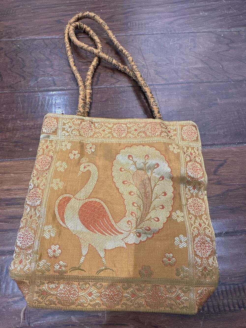 Indian Ethnic Brocade Peacock Silk Tote Bag Golden Yellow Shoulder Bag